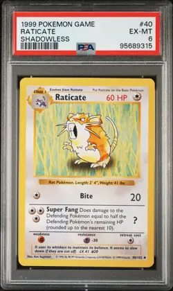 1999 POKEMON BASE SET SHADOWLESS #40 RATICATE PSA 6 - Image 1