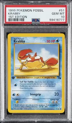 1999 POKEMON FOSSIL 1ST EDITION #51 KRABBY PSA 10 - Image 1