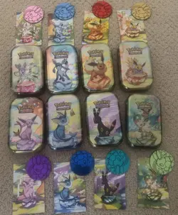 Prismatic Evolutions *EMPTY* Mini Tin Complete Set Of 8 (Tin + Card + Coin) - Image 1
