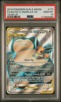 2019 POKEMON SUN & MOON TEAM UP #171 FULL ART/EEVEE & SNORLAX GX PSA 10 - Image 1