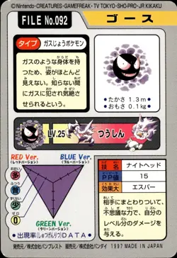 Gastly Carddass 1997 Vintage Pokemon Pocket Monsters Vending Card B25 - Image 2