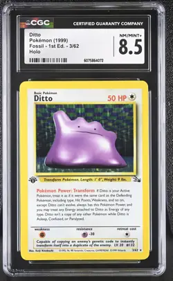 CGC 8.5 Ditto 1999 Fossil 1st Edition 3/62 Holo Pokemon Card - Image 1