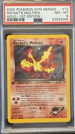 2000 Pokemon Gym Heroes 1st Edition Holo Rocket's Moltres #12 PSA 8 - Image 1