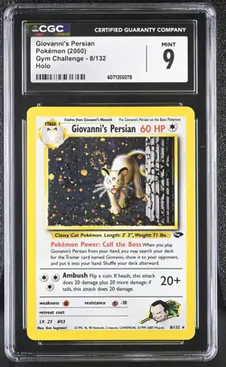 CGC 9 MINT Giovanni's Persian 2000 Gym Challenge 8/132 Holo SWIRL Pokemon Card - Image 1