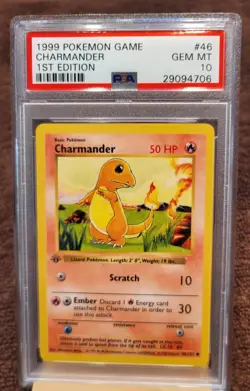 1999 Charmander Pokemon Base Set Shadowless 1st Edition #46 PSA 10 GEM MINT - Image 1