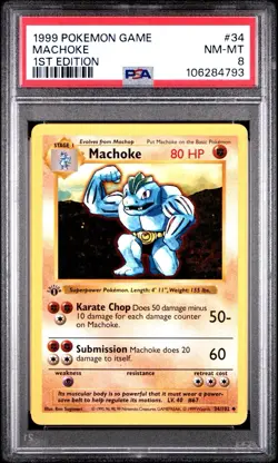 1999 Pokemon Game Base Set #34 MACHOKE 1st First Edition PSA 8 NM-MT TCG Card - Image 1