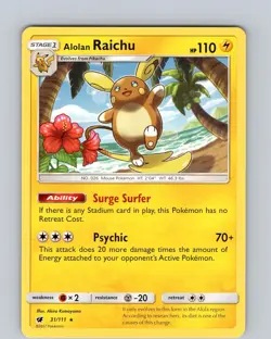 Pokemon TCG Alolan Raichu S&M Crimson Invasion 31/111 Regular Rare Card NM - Image 1