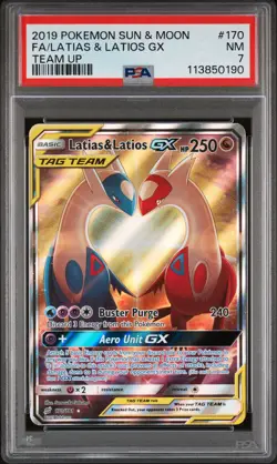 2019 POKEMON SUN & MOON TEAM UP #170 FULL ART/LATIAS & LATIOS GX PSA 7 - Image 1