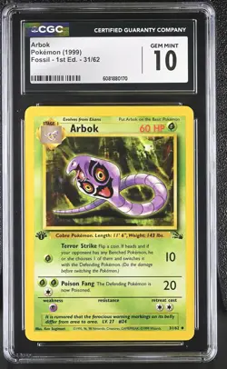 CGC 10 GEM MINT Arbok 1999 Fossil 1st Edition 31/62 Pokemon Card - Image 1