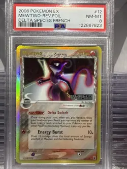 2005 POKEMON EX DELTA SPECIES #12 MEWTWO-REVERSE FOIL PSA 8 (ERROR LANGUAGE) - Image 1