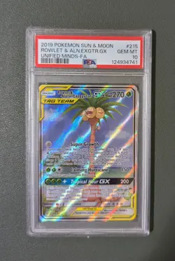 Pokemon Rowlet & Alolan Exeggutor GX 215 PSA 10 GEM MINT Unified Minds Alt Art - Image 1