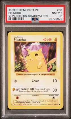 1999 POKEMON BASE SET SHADOWLESS YELLOW CHEEKS-#58 PIKACHU PSA 8 - Image 1