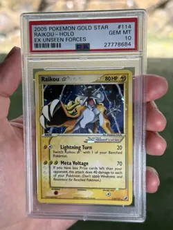 2005 POKEMON EX UNSEEN FORCES GOLD STAR #114 RAIKOU-HOLO PSA 10 - Image 1