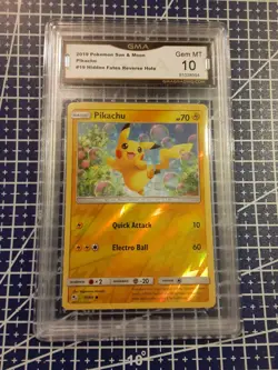 POKEMON SUN & MOON GMA 10 GEM MINT PIKACHU REVERSE HOLO 19/68 HIDDEN FATES 2019 - Image 1