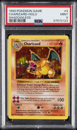 1999 POKEMON BASE SET SHADOWLESS #4 CHARIZARD-HOLO PSA 9 - Image 1
