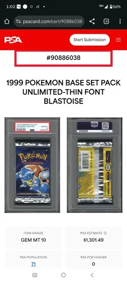 1999 Pokemon PSA 10 Blastoise Foil Base Set Booster Pack Sealed THIN FONT - Image 1