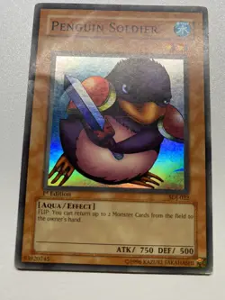 Yugioh Penguin Soldier 1st Edition Super Rare SDJ-022 HP DAMAGED - Image 1