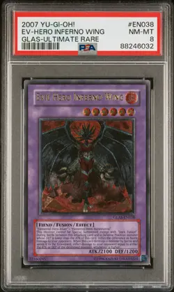 2007 YUGIOH GLAS-EN038 EVIL HERO INFERNO WING ULTIMATE RARE PSA 8 NM #88246032 - Image 1