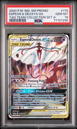 PSA 10 GEM MINT Espeon & Deoxys GX 175 Tag Team Pokemon SM Promo Card Indonesian - Image 1