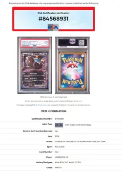 PSA 9 Umbreon EX 042/078 XY10 Awakening Psychic King 1st Ed Japan Pokemon MINT - Image 2