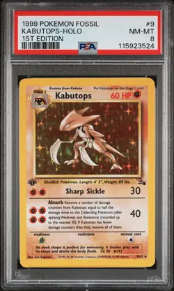 1999 POKEMON FOSSIL 1ST ED #9 KABUTOPS-HOLO PSA 8 - Image 1