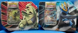 POKEMON TCG 2021 TYRANITAR V & EMPOLEON V STRIKERS TIN SET SEALED! - Image 1