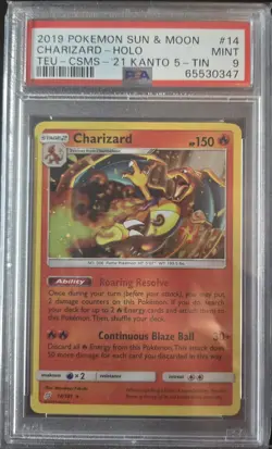 2019 Pokemon S&M Team Up Charizard-Holo #14 Teu-Csms-'21 Kanto 5-Tin PSA 9 - Image 1