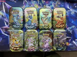 Prismatic Evolutions Eevee Mini Tins Full Set Of 8 w/Art Cards & Coins No Packs - Image 1