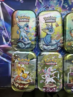Prismatic Evolutions Eevee Mini Tins Full Set Of 8 w/Art Cards & Coins No Packs - Image 4