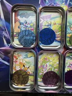 Prismatic Evolutions Eevee Mini Tins Full Set Of 8 w/Art Cards & Coins No Packs - Image 5