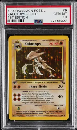 1999 POKEMON FOSSIL 1ST EDITION #9 KABUTOPS-HOLO PSA 10 - Image 1