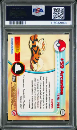 1999 TOPPS POKEMON TV #59 ARCANINE PSA 10 - Image 2