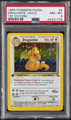 1999 POKEMON FOSSIL 1ST ED #4 DRAGONITE-HOLO PSA 8 - Image 1