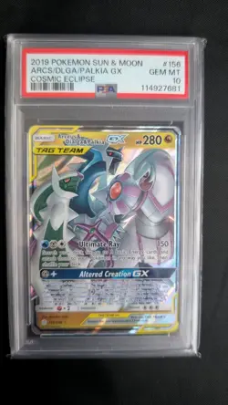 Pokemon Cosmic Eclipse TCG Arceus, Dialga, and Palkia GX 156/236 PSA 10 - Image 1