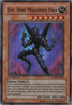 Yugioh Evil HERO Malicious Edge GLAS-EN003 Super Rare 1st Edition MP - Image 1
