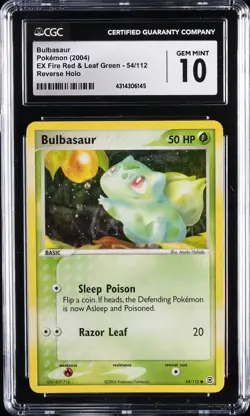2004 POKEMON EX FIRE RED & LEAF GREEN, REVERSE HOLO BULBASAUR CGC 10 GEM MINT - Image 1