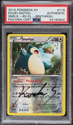 PSA AUTH 2015 Pokemon XY Breakthrough Rev Foil Snorlax Kouki Saitou AUTO #118 - Image 1