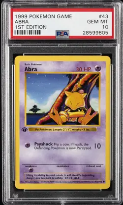 1999 POKEMON BASE SET 1ST EDITION #43 ABRA PSA 10 - Image 1