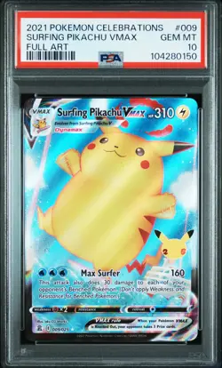 2021 POKEMON CELEBRATIONS #009 FULL ART/SURFING PIKACHU VMAX PSA 10 - Image 1