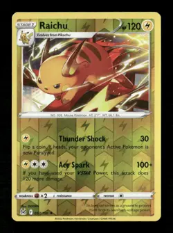 Raichu Reverse Holo Rare SWSH11: Lost Origin 053/196 NM Pokemon LP - Image 1