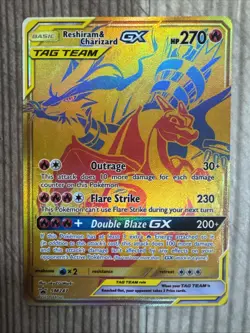 Reshiram & Charizard GX - SM247 Full Art Gold Promo Ultra Rare Pokemon Card DMG - Image 1