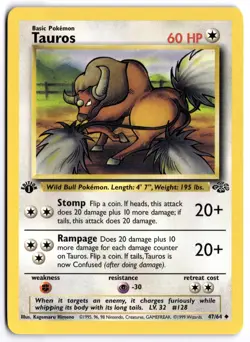 Pokemon 1st Edition Tauros Uncommon Jungle 47/64 NM - Image 1