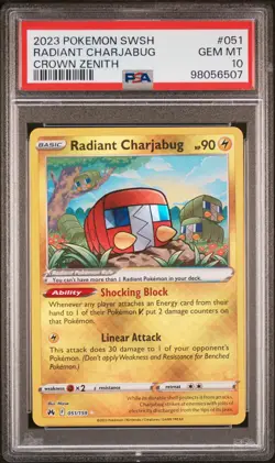 2023 POKEMON SWORD & SHIELD CROWN ZENITH #051 RADIANT CHARJABUG PSA 10 - Image 1