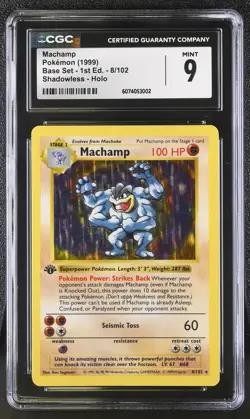 CGC 9 MINT Machamp 1999 Base Set 1st Edition 8/102 Shadowless Holo Pokemon Card - Image 1