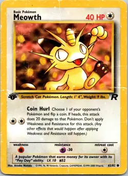 1st Edition Meowth 62/82 Common Team Rocket Pokemon Card WOTC Vintage DMG - Image 1