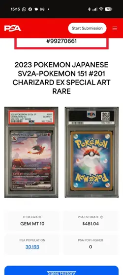 Pokemon TCG Charizard EX 201/165 JPN 151 SV2a SAR PSA 10 Gem Mint - Image 4