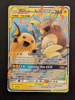 2019 Pokemon TCG Raichu & Alolan Raichu GX 54/236 Unified Minds Ultra Rare Holo - Image 1