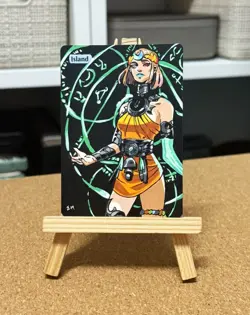Hand Painted Altered Art Mtg land card Anime Island Girl - Image 1
