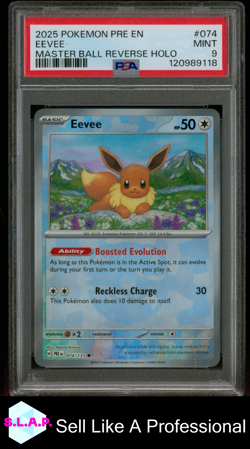 EEVEE MASTER BALL REVERSE HOLO POKEMON PRE EN 2025 074 PSA 9 - Image 1