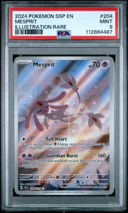 2024 POKEMON SSP EN-SURGING SPARKS ILLUSTRATION RARE #204 MESPRIT PSA 9 - Image 1
